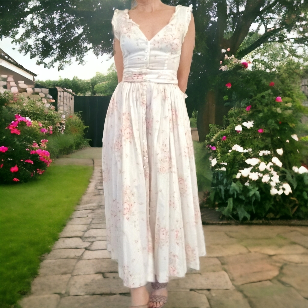 Vintage Pink and Cream Pleated Maxi Sundress - Picture 7 of 14
